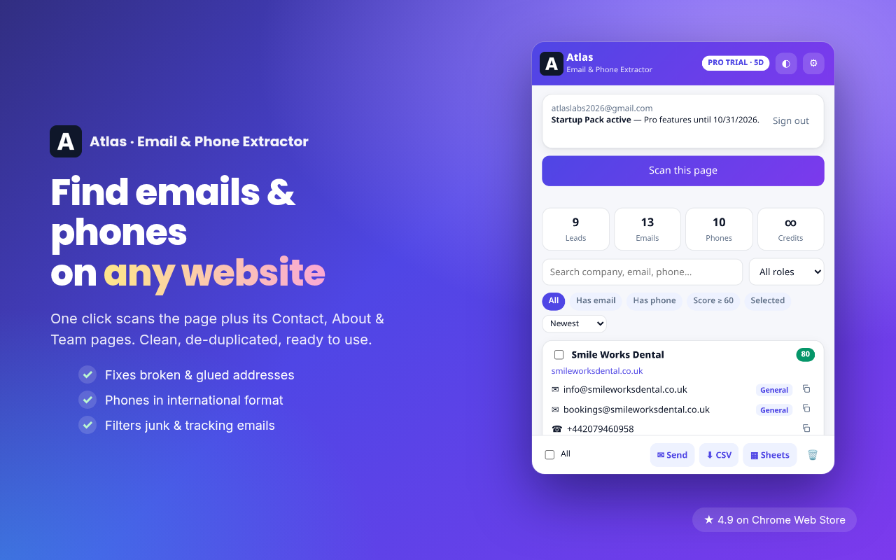 Atlas email and phone extractor popup showing leads